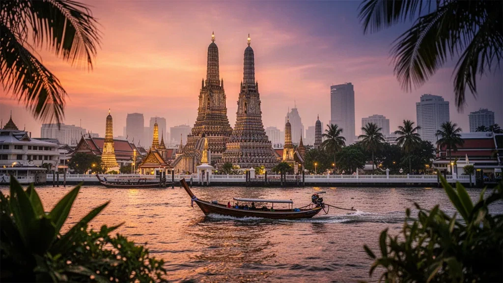 Bangkok, Tayland'da Chao Phraya Nehri kıyısında gün batımında parlayan Wat Arun tapınağının kuleleri ve suyun üzerinde bir uzun kuyruklu tekne