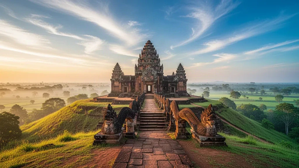 Antico tempio khmer in pietra al Parco Storico di Phanom Rung a Buriram, Thailandia, illuminato dalla luce dorata del mattino.