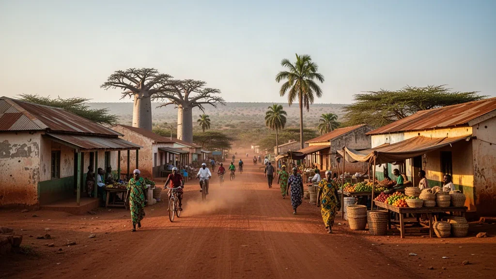Vue d'Ondjiva à l'heure dorée dans la province de Cunene en Angola, avec des baobabs, des rues de terre rouge et des bâtiments bas éclairés par le soleil