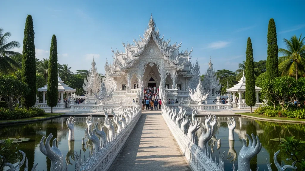 Wat Rong Khun Weißer Tempel in Chiang Rai, Thailand, mit seiner weißen geschnitzten Fassade und dem Spiegelteich unter einem strahlend blauen Himmel