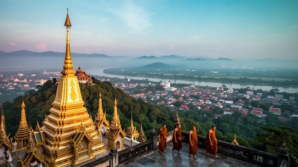 Chedi dorato di Wat Phra That Doi Suthep che si erge sopra Chiang Mai, Thailandia, con colline boscose e tetti della città offuscati dalla foschia nell'ora d'oro