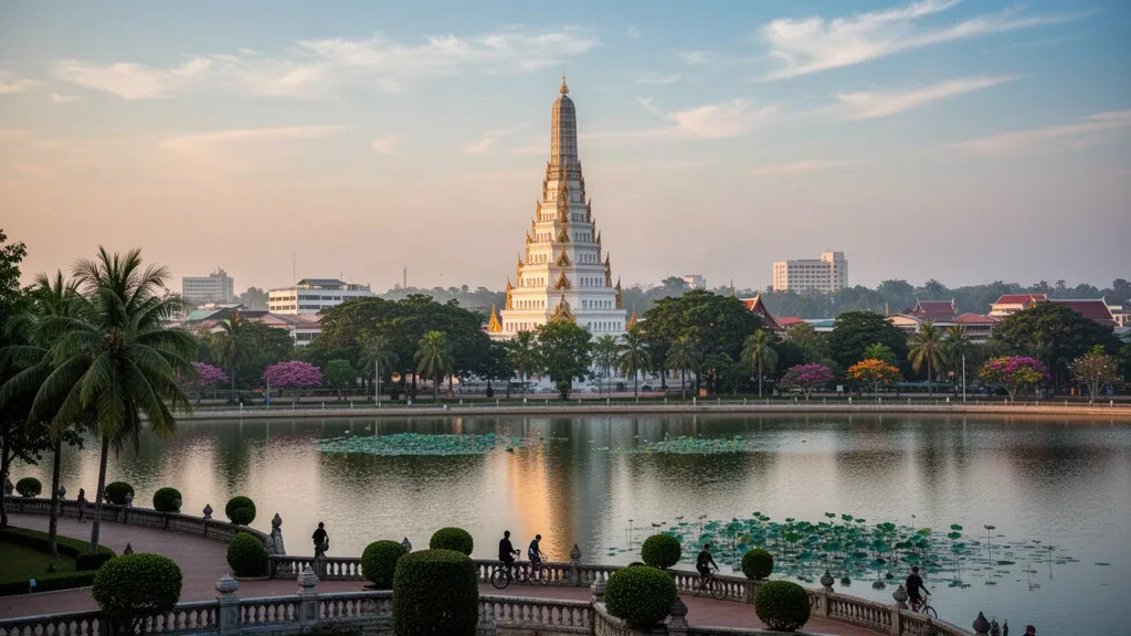 Pagode blanche et dorée à neuf niveaux du Wat Nong Wang se reflétant dans le lac Bueng Kaen Nakhon à l'heure dorée à Khon Kaen, en Thaïlande