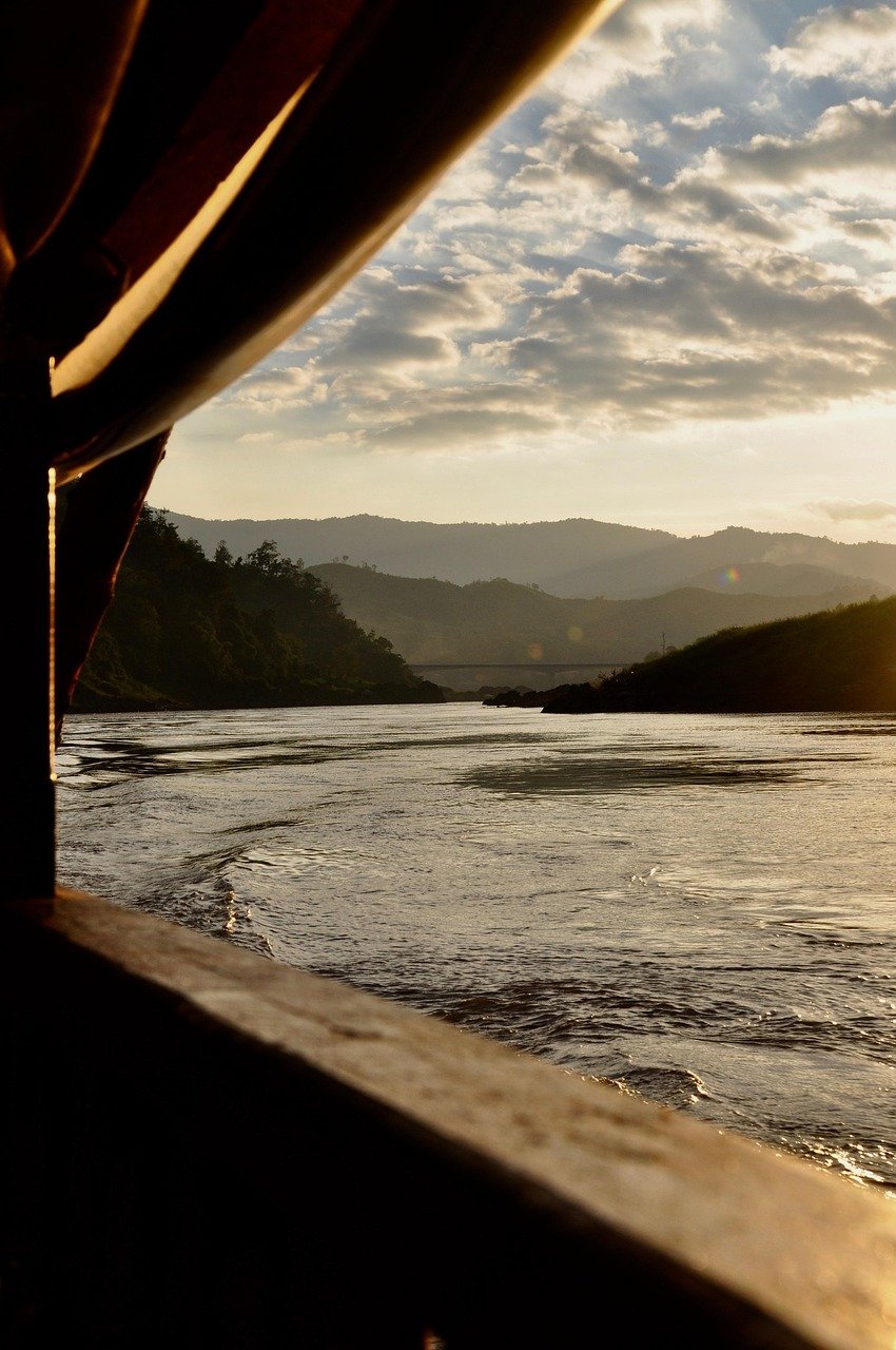 Asien, Mekong, Thailand, Sonnenuntergang, Fluss, Wasser, Licht, Natur, Boot, Transport, Stimmung, Hügel, Thailand, Thailand, Thailand, Thailand, Thailand