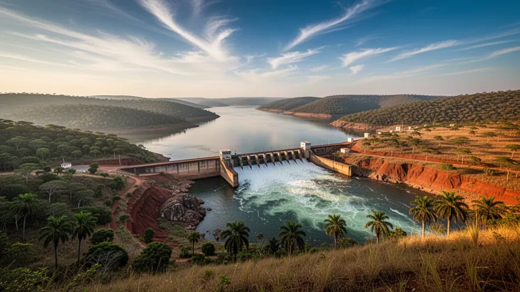 Presa de Cambambe sobre el río Cuanza rodeada de colinas verdes en la provincia de Cuanza Norte, Angola, con la cálida luz del final de la tarde