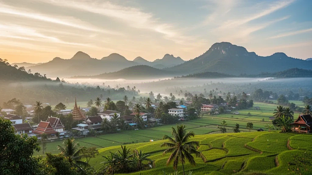 Panorama au lever du soleil sur la ville de Loei, dans le nord-est de la Thaïlande, avec des crêtes montagneuses brumeuses, des toits de temples et des rizières verdoyantes