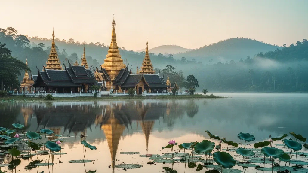 Goldene Chedi im burmesischen Stil des Wat Jong Kham Tempels, gespiegelt im Nong Chong Kham See im nebligen Morgengrauen in Mae Hong Son, Thailand