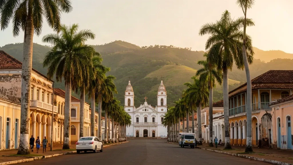 Viale alberato di palme e architettura coloniale a N'dalatando, Cuanza Norte, Angola, incorniciati da colline verdi durante l'ora d'oro
