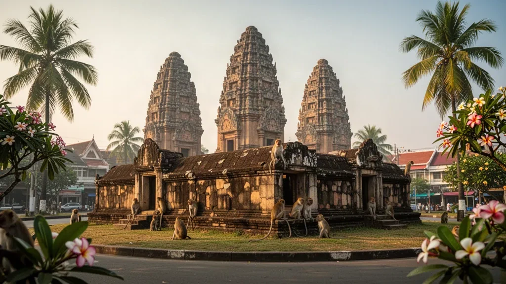 Tayland'ın Lopburi kentindeki antik Khmer tarzı laterit tapınağı Phra Prang Sam Yot'un altın saatlerdeki görünümü; taş kalıntıları üzerinde makaklar