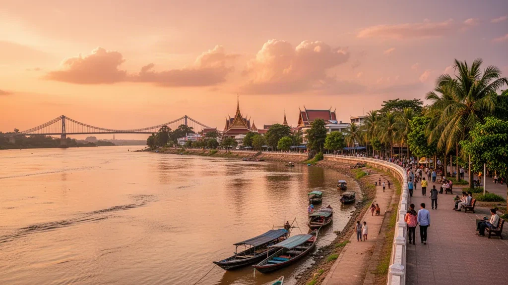 Scenic view of Nakhon Phanom city along the Mekong River at sunset, with the Third Thai-Lao Friendship Bridge in the background.