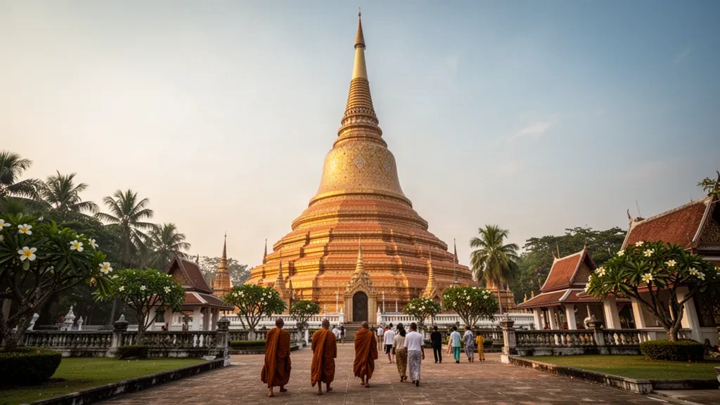 Nakhon Pathom, Tayland'da sıcak akşamüstü ışığında yeşil tapınak bahçelerinin üzerinde yükselen altın çan biçimli Phra Pathom Chedi stupası