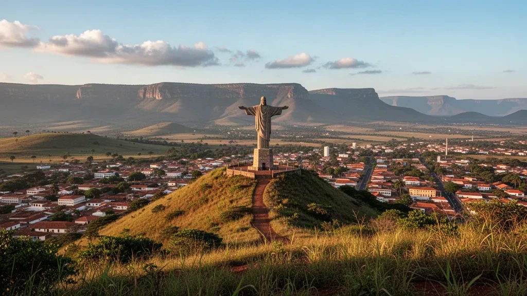 Cristo Rei do Lubango statue overlooking the city on the Huíla plateau in Angola in warm late-afternoon light