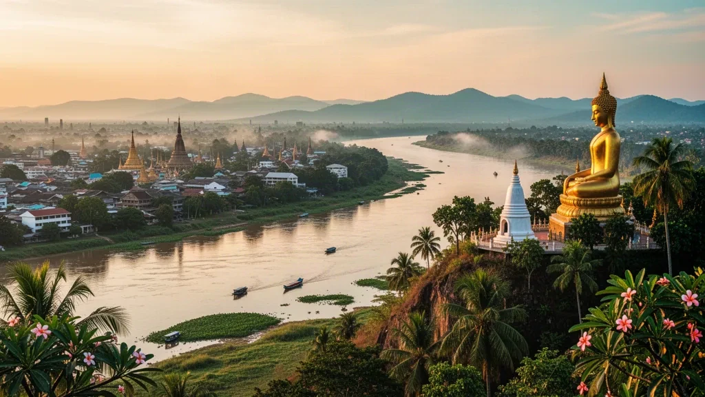 Goldener Buddha auf dem Khiriwong-Hügel mit Blick auf die Stadt Nakhon Sawan und den Zusammenfluss des Chao Phraya bei Sonnenuntergang in Thailand.