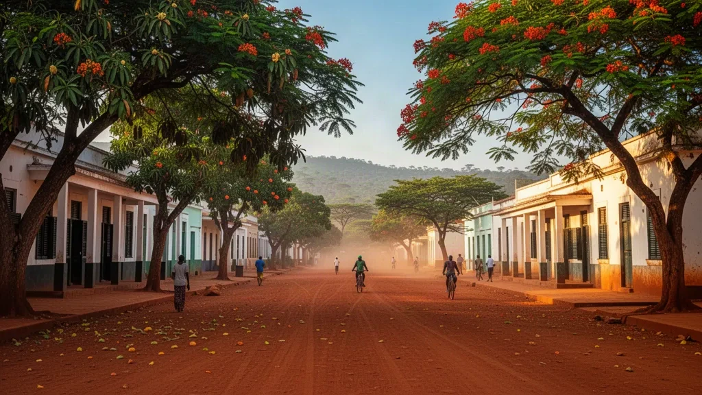 Tree-lined red-earth avenue with colonial buildings and tropical greenery in Dundo, capital of Lunda Norte, Angola