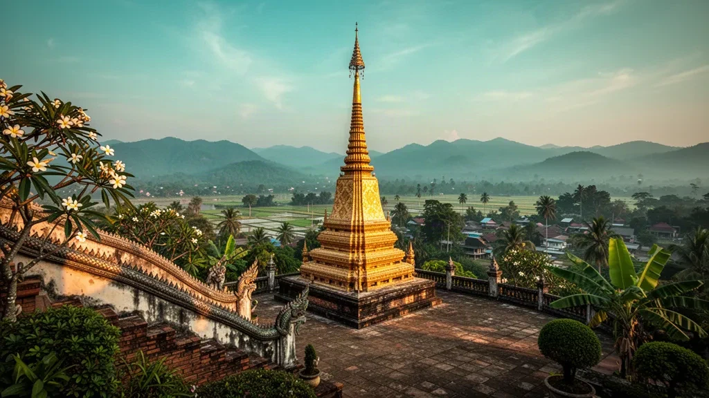 Chedi dorado de Wat Phra That Chae Haeng en su terraza en la cima de una colina con vistas al valle del río Nan en Nan, Tailandia, al atardecer