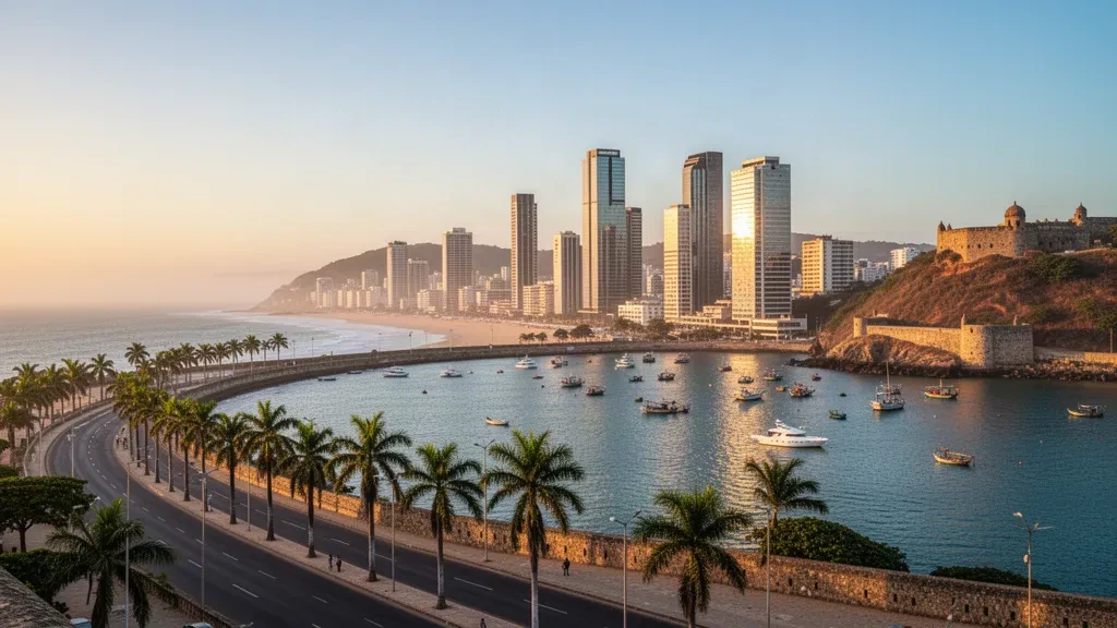 Blick zur goldenen Stunde auf die Bucht von Luanda in Angola, mit der palmengesäumten Uferpromenade Marginal, vertäuten Booten und der Skyline der Stadt im Hintergrund