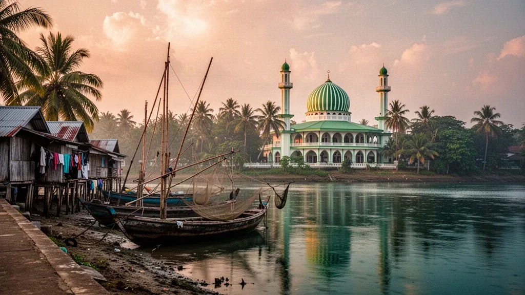Vista durante la hora dorada de la Mezquita Central de Narathiwat y barcos pesqueros de madera a lo largo del río Bang Nara en el sur de Tailandia