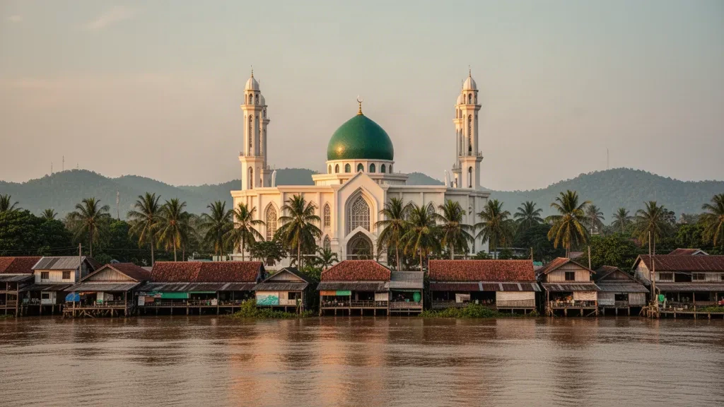 Güney Tayland'daki Pattani Merkez Camii altın saatte parlıyor, yeşil kubbesi ve minareleri Pattani Nehri kıyısında yansıyor