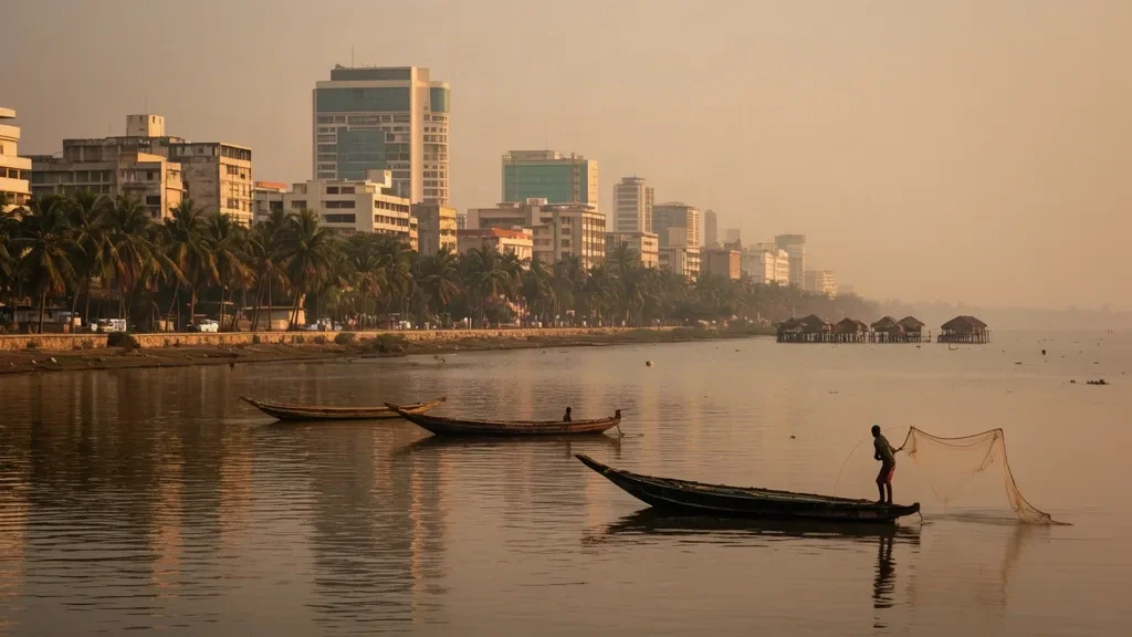 Horizon de Cotonou et lagune à l'heure dorée avec des pirogues en bois, front de mer bordé de palmiers et lumière tropicale chaude au Bénin.