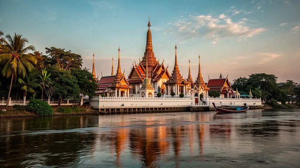 Veduta all'ora d'oro del tempio Wat Phra Si Rattana Mahathat e del fiume Nan a Phitsanulok, Thailandia
