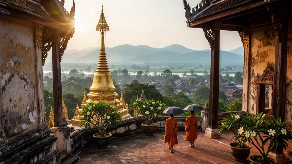 Golden chedi of Wat Phra That Cho Hae temple overlooking Phrae old town in northern Thailand at golden hour