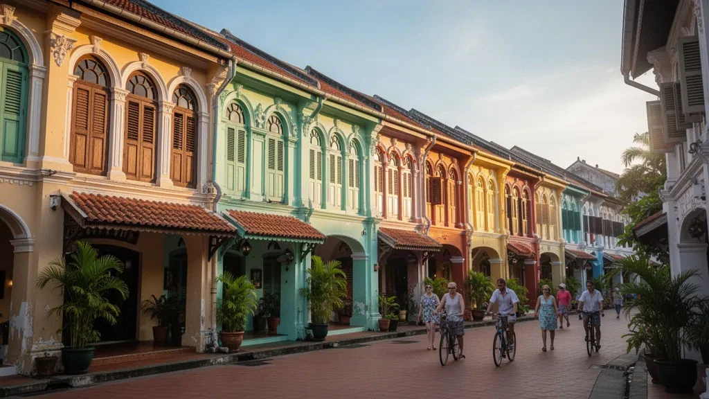 Sino-Portuguese shophouses and historic street in Phuket Old Town, Thailand, glowing in warm late-afternoon light