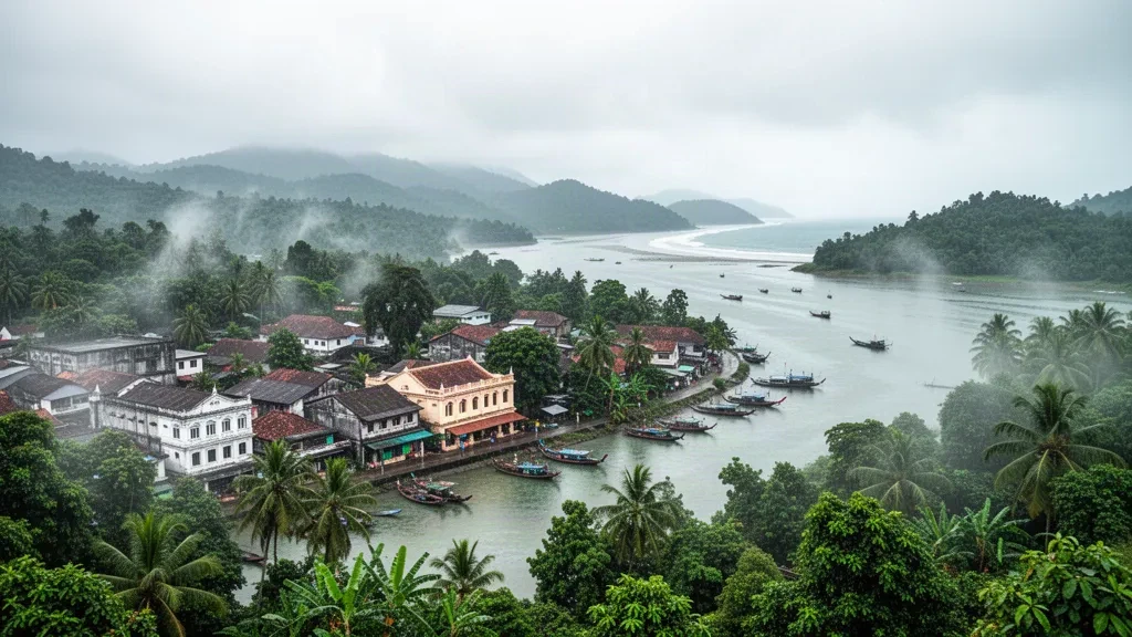 Veduta panoramica della città di Ranong in Thailandia lungo l'estuario del Pak Chan, incorniciata da colline verdi e dalla costa delle Andamane oltre