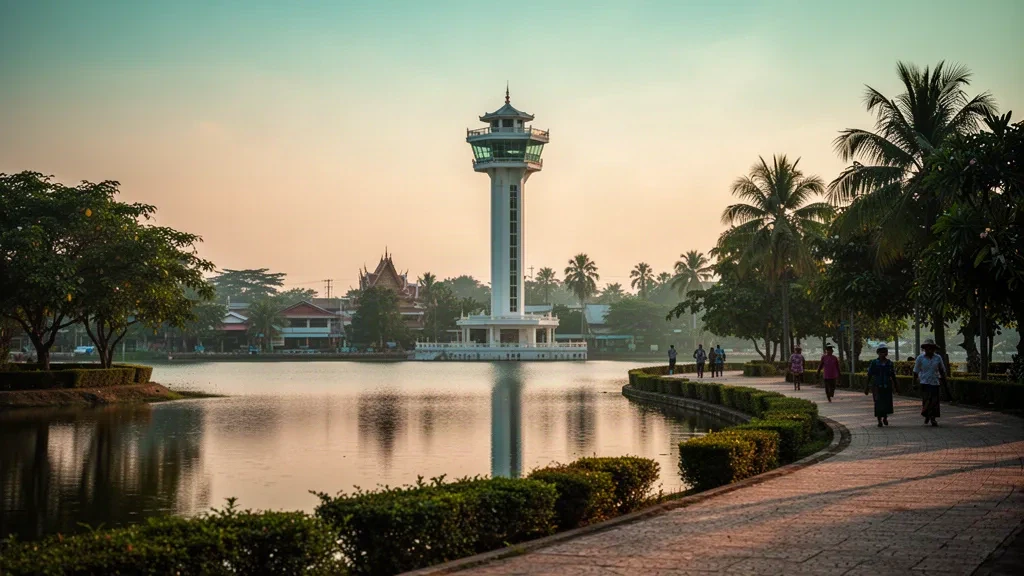 Golden-hour view of Bueng Phlan Chai lake and the Roi Et observation tower in Roi Et, Thailand, with tree-lined promenade