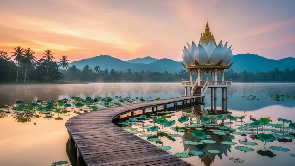 Amanecer sobre el lago Nong Han en Sakon Nakhon, Tailandia, con el pabellón en forma de loto, hojas de loto flotantes y las colinas de Phu Phan en la distancia