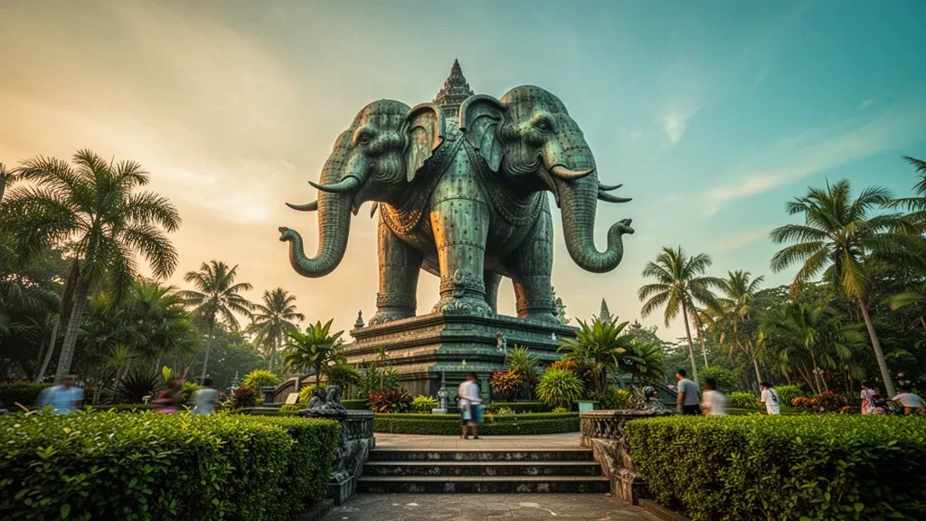 Dreiköpfige bronzene Elefantenskulptur des Erawan Museums in Samut Prakan, Thailand, im Licht des späten Nachmittags leuchtend
