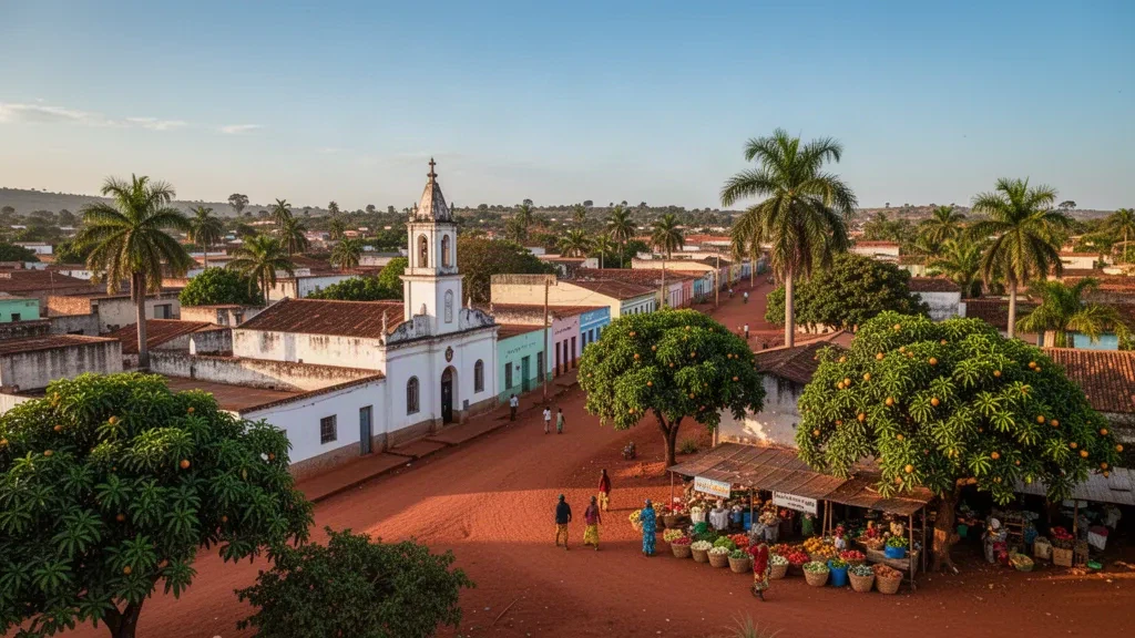 Blick zur goldener Stunde auf Saurimo, die Hauptstadt von Lunda Sul, Angola, mit niedrigen Gebäuden, roterdigen Straßen und tropischen Bäumen.
