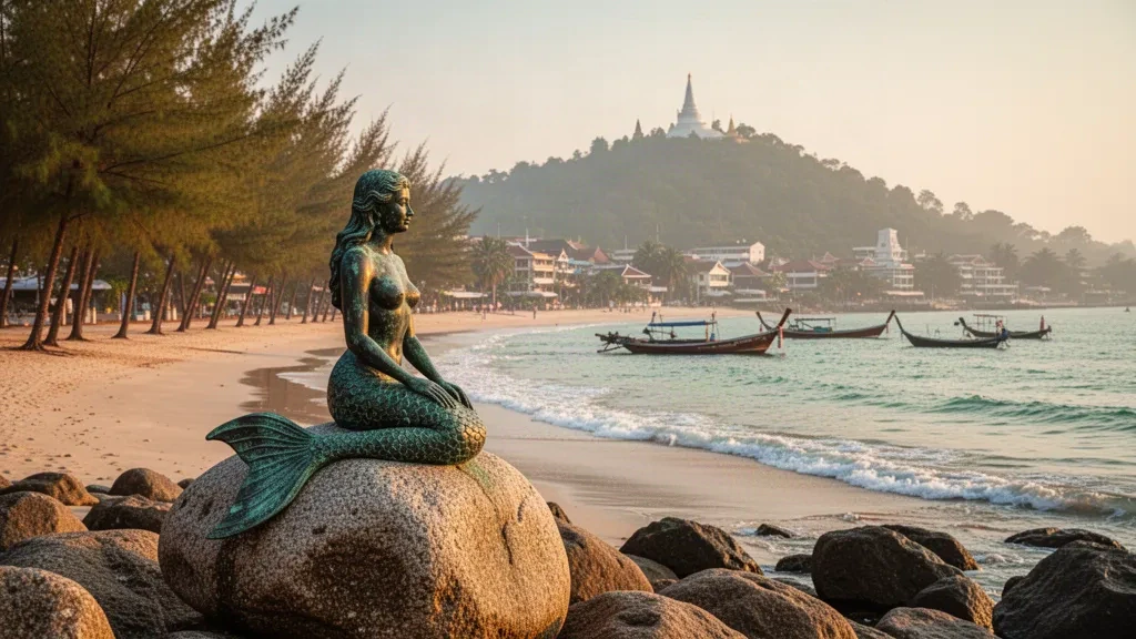 Bronzestatue einer Meerjungfrau auf Granitfelsen am Samila Beach in Songkhla, Thailand, mit Kasuarinen und ruhigem Golfwasser zur goldenen Stunde