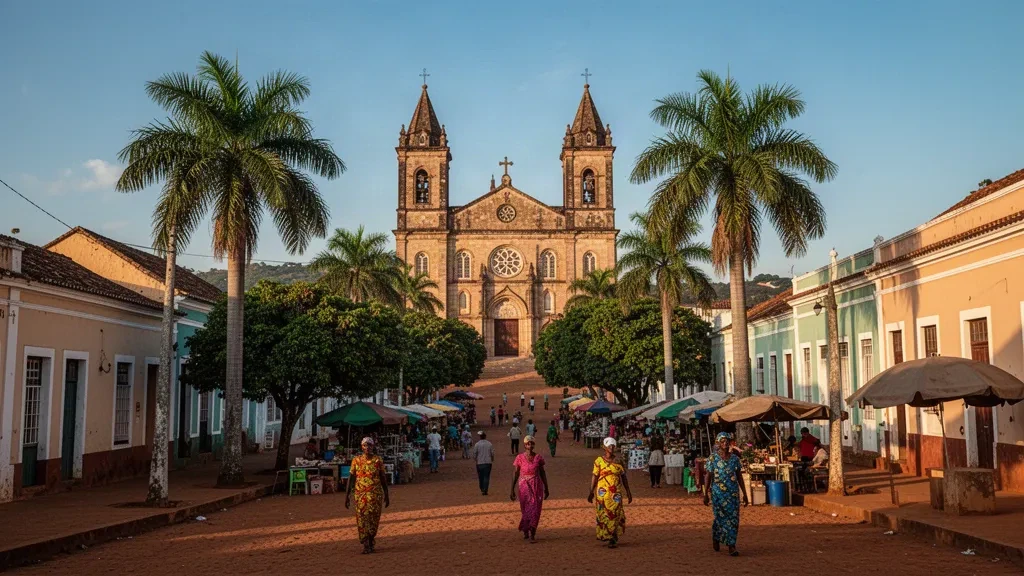Catedral histórica de Malanje y centro colonial de la ciudad en Angola bajo la cálida luz de la tarde, rodeada de palmeras y calles animadas.