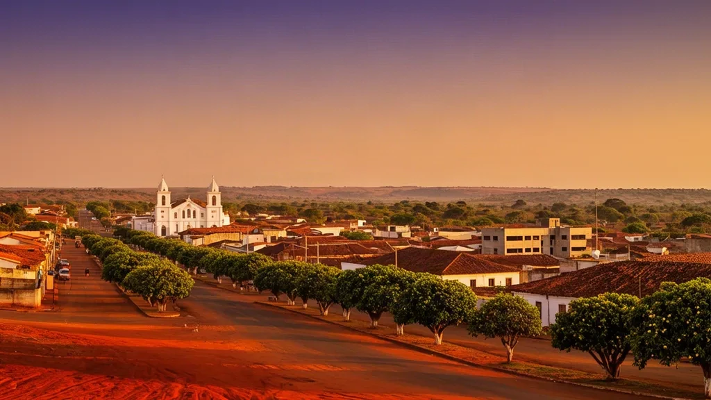 Vista durante la hora dorada sobre Saurimo, Lunda Sul, Angola, con la catedral y avenidas arboladas enmarcadas por el paisaje de tierra roja de la provincia