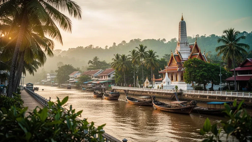 Blick auf das Flussufer von Surat Thani, Thailand, mit einem thailändischen Tempel mit goldenem Dach, Palmen und Longtail-Booten auf dem Tapi-Fluss bei Sonnenuntergang