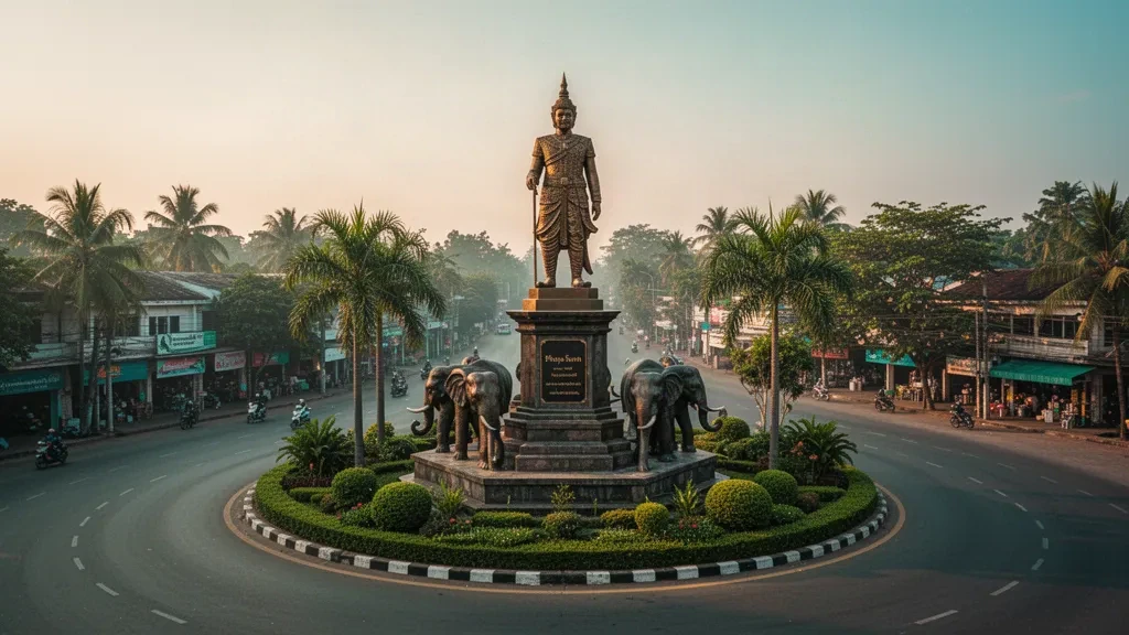 Vista durante la hora dorada del monumento Phaya Surin y la rotonda ajardinada en Surin, Tailandia, enmarcados por árboles tropicales y la cálida luz de la ciudad
