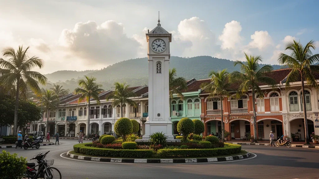 Tour de l'horloge blanche sur un rond-point paysager à Trang, en Thaïlande, encadrée par des maisons à colombages sino-portugaises pastel dans la lumière dorée du soir