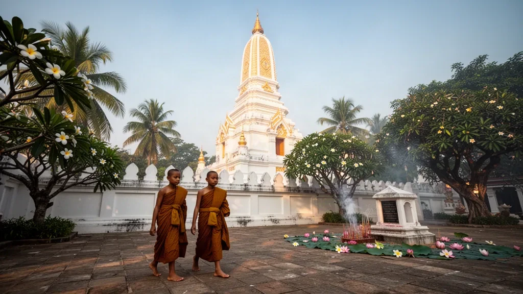 Lumière dorée du matin sur la flèche blanche du Wat Phra That Nong Bua à Udon Thani, en Thaïlande, tandis que des moines passent devant des arbres tropicaux