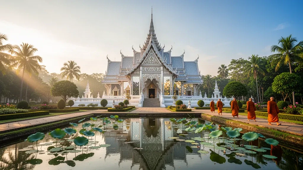 Sala de ordenación de cristal blanco en el templo Wat Tha Sung en Uthai Thani, Tailandia, reflejándose en aguas tranquilas bajo un cielo tropical brillante.