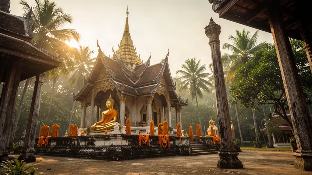 Tempio dorato in stile Lanna e Buddha seduto a Wat Phra Thaen Sila At a Uttaradit, Thailandia, illuminati dalla calda luce del tardo pomeriggio