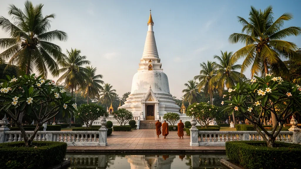 Golden-spired Phra That Anon stupa on temple grounds in Yasothon, Thailand, framed by palms in warm afternoon light