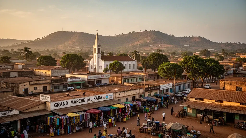 Veduta di Kara, in Togo, durante l'ora d'oro, con il Grand Marché, edifici bassi e le colline Kabye in lontananza.