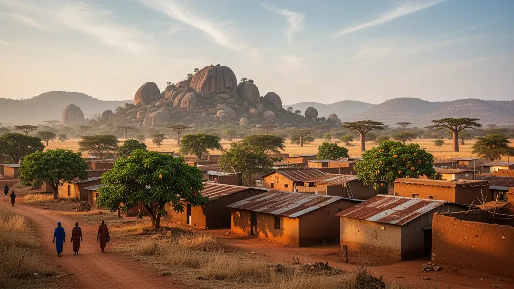 Blick zur goldenen Stunde auf Dapaong in der Region Savanes in Togo, mit Granithügeln und trockener Savanne, die sich hinter der Stadt erstreckt