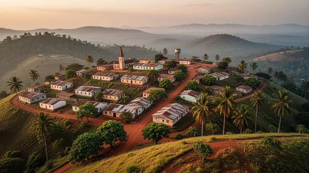 Vue sur les collines d'Atakpamé, capitale de la région des Plateaux au Togo, avec des collines verdoyantes, des routes en terre rouge et des palmiers à l'heure dorée