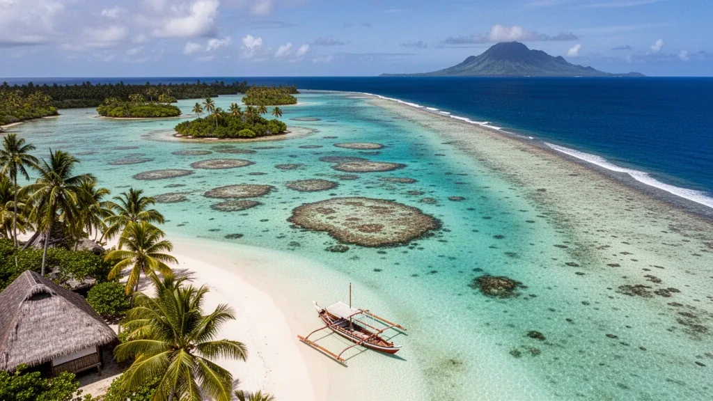 Tonga'daki Haʻapai ada grubunun turkuaz lagünü, mercan resifleri ve palmiyelerle kaplı adacıkları açık bir günde yukarıdan görülüyor