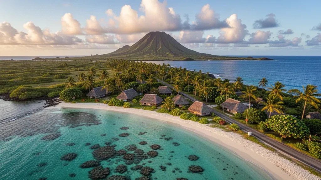 Aerial view of a traditional village and turquoise lagoon on Niuatoputapu in the Niuas, Tonga, with volcanic Tafahi in the distance.