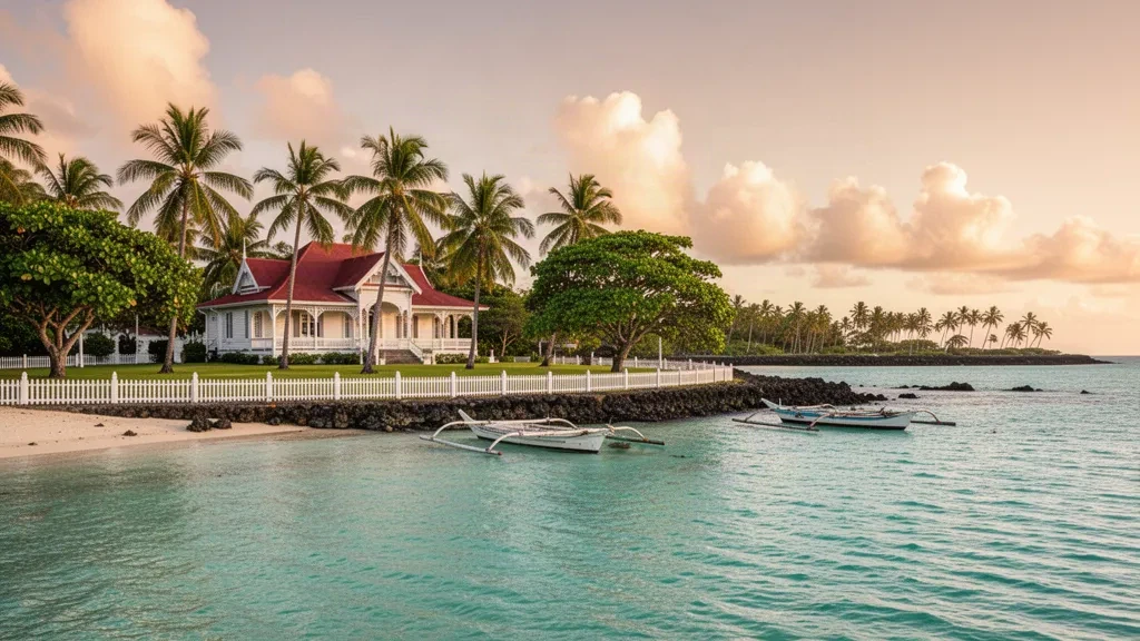 Paseo marítimo de Nuku'alofa con el Palacio Real enmarcado por cocoteros en Tongatapu, Tonga, bajo la cálida luz dorada del Pacífico Sur