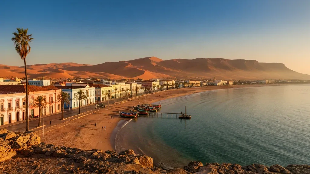 Bahía de Namibe, Angola, a la hora dorada con el paseo marítimo colonial bordeado de palmeras, barcos de pesca y dunas desérticas tras la costa atlántica