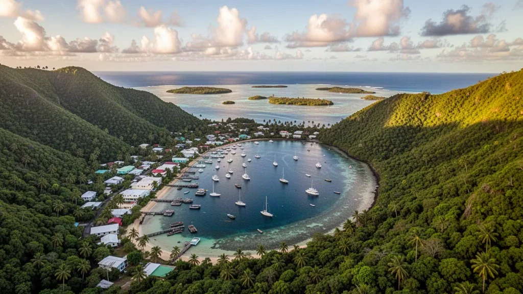 Vista aérea del puerto de Neiafu y el Monte Talau en Vavaʻu, Tonga, con aguas de laguna turquesa, barcos y exuberantes colinas tropicales verdes