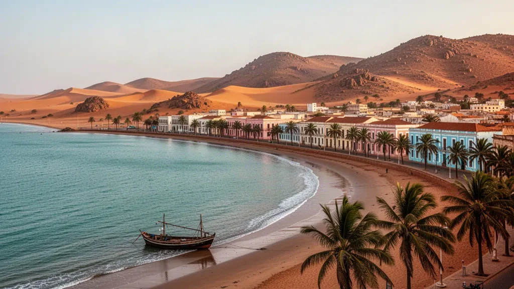 Veduta costiera della baia di Moçâmedes a Namibe, Angola, con edifici coloniali sul lungomare, palme e dune desertiche che incontrano l'Atlantico