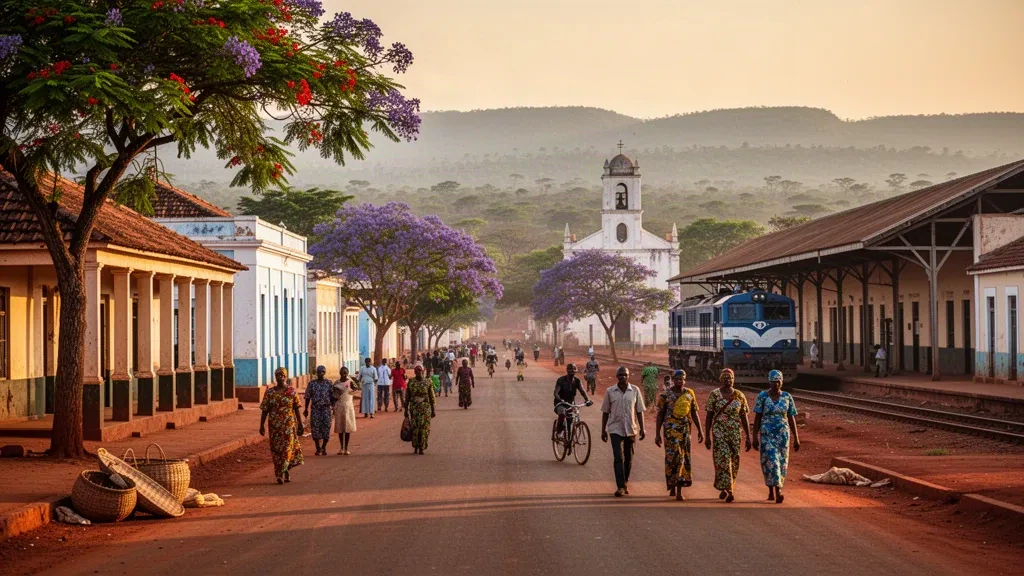 Angola'nın Moxico Eyaleti'nde Luena'nın ağaçlıklı caddesine ve sömürge dönemi kemerli geçitlerine altın saat ışığında bakış, arka planda Benguela tren istasyonu.